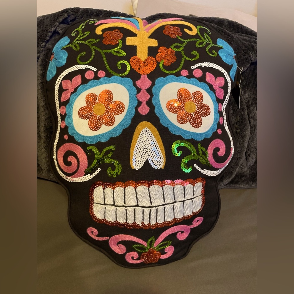 NWT Day of the Dead Sugar Skull Black Embroidered Pillow 16x20